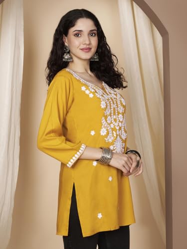 Image of Short Kurti for Women for Jeans, Chikankari Kurtis for Ladies, Lakhnavi V- Neck Women's Tunic Design Kurta, Floral Kurtas & Tunics for Woman