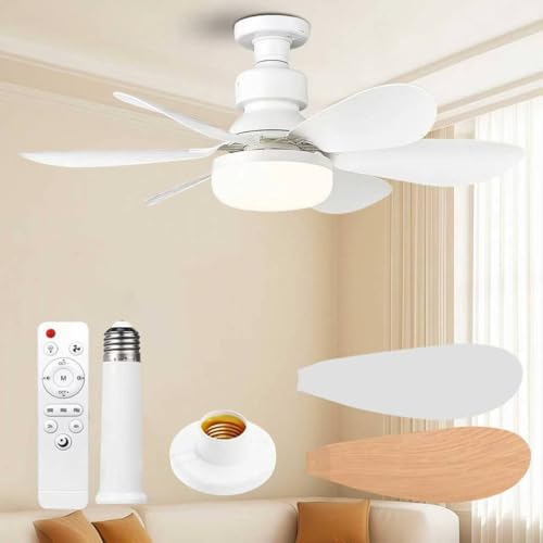 Ventilateur de Plafond avec Lumière et Telecommande, 52CM, Variateur 30W 1800 Lumen 3000-6500K 3 Couleurs & 3 Vitesses, avec Douille E27, Petit Modèle pour Chambre, Cuisine, Salle de Bain(Blanc)