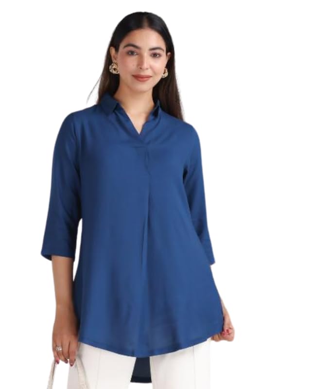 Image of Mlada Rayon Flare Top for Women | 3 /4th Sleeve Regular Fit and Flare Top | Women Office Tops Tunic | Western Long Shirt Top for Women | Shirt Collar Top for Women | Rayon Tunic Tops for Women Western