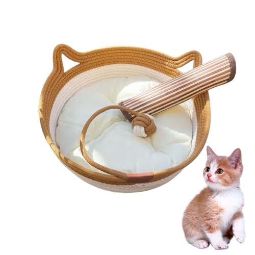 ペットベッド 猫 ベット 冷感 かご編み 猫 ベッド 夏用カゴ おしゃれ オールシーズン 大きめ 丸型 洗える 猫ベッド夏用 可愛い 柔らか 安全 丈夫 通気性 爪とぎ 寝床 広め設計 バスケット かわいい 猫耳の形 手編みの綿糸 ペット用品 室内用 (L