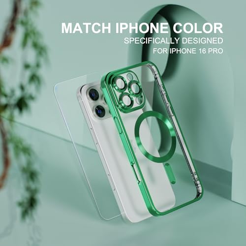 Image of Misea Magnetic for iPhone 16 Pro Case Compatible with MagSafe Green | [Never Yellowing] [Military Drop Protection] Full Camera Lens Protector Plating Soft Clear Phone Case for Women, Green