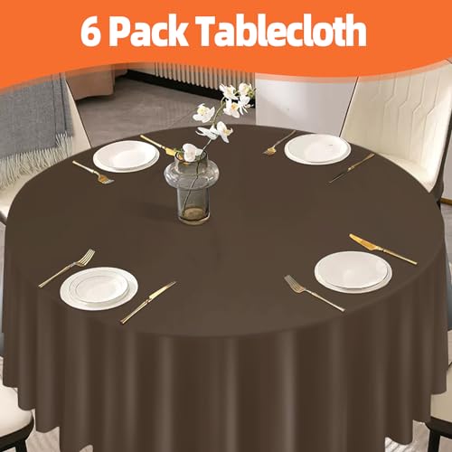 Image of tujol Brown 6 Pack Plastic Table Cloth 84 inch, Disposable Round Tablecloth Table Cover, Plastic Tablecloths for Parties