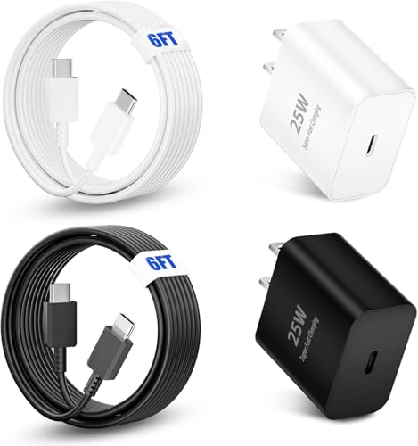 Image of 25W Type C Super Fast Charger,Fast Charger USB C with 2 Pcs 6FT Android Charger Cable Cord Suitable for Samsung Galaxy S25 /S24 S23 S22 S21 Ultra /S20 /S20 Ultra /Note 20 Ultra (25 W Black /White)