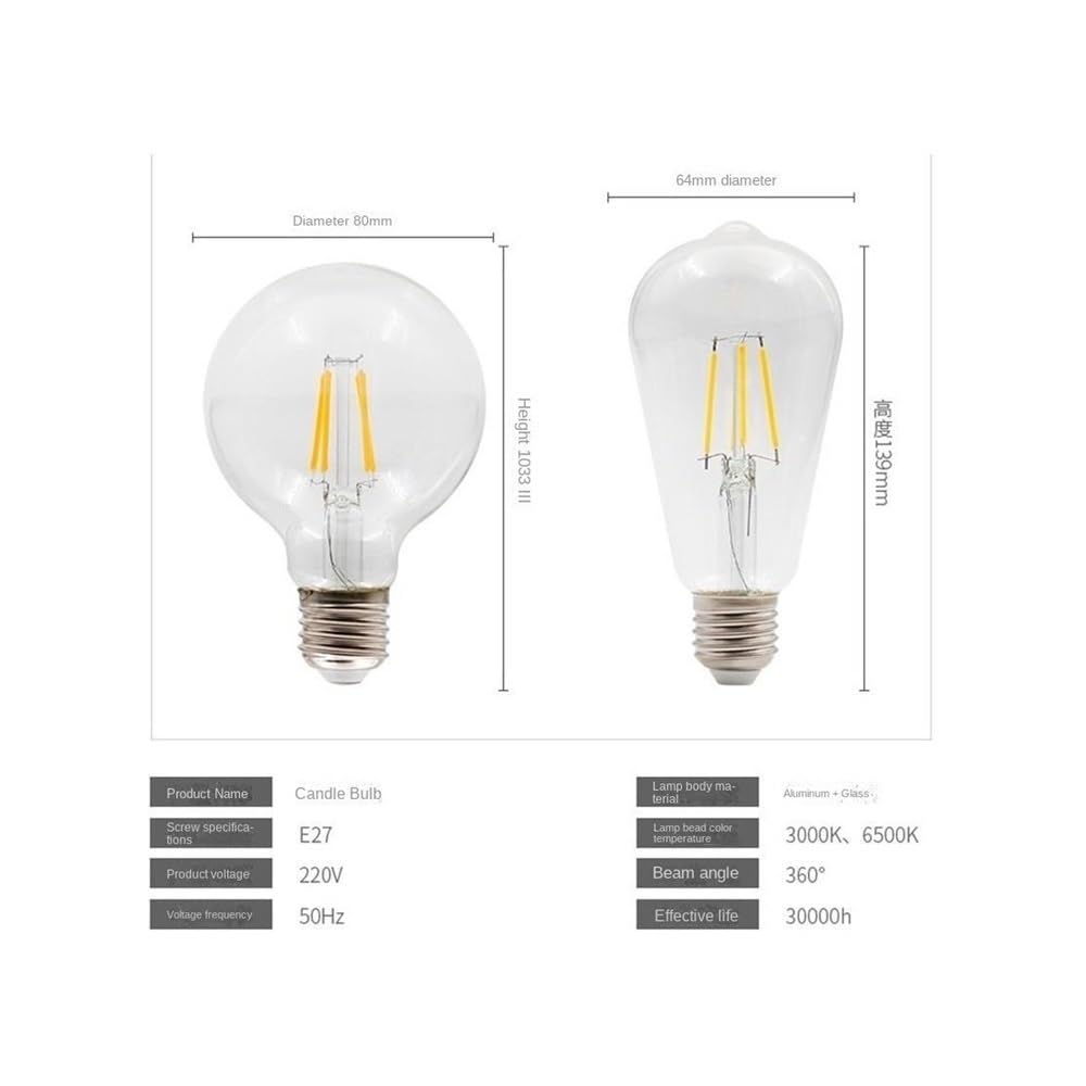 YSJX lighting, Paquete de 6 bombillas de filamento LED E27/E14 AC220V 2W 4W 6W 8W lámpara LED Edison luz de cristal de vela Retro Vintage(E27 G95 8W)