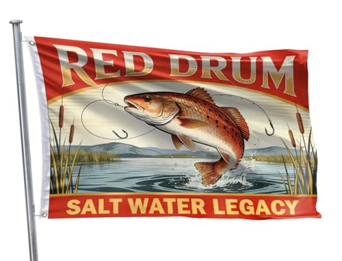 Red Drum Redfish Fishing Flag 3x5FT Saltwater Game Fish Pennant Outdoor Fishing Decor for Kayak Yacht Dock Beach House