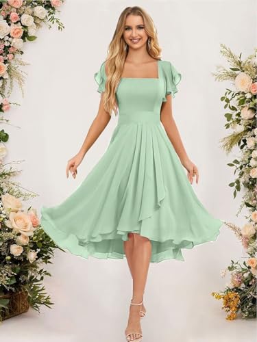 Chiffon Bridesmaid Dresses Short for Wedding with Ruffles Sleeve Square Neck Formal Party Dresses for Women GA1152