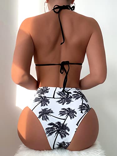 WDIRARA Women's 2 Piece Tropical Print Triangle Bikini Set Cut Out Halter String Thong Swimsuit Bathing Suit2