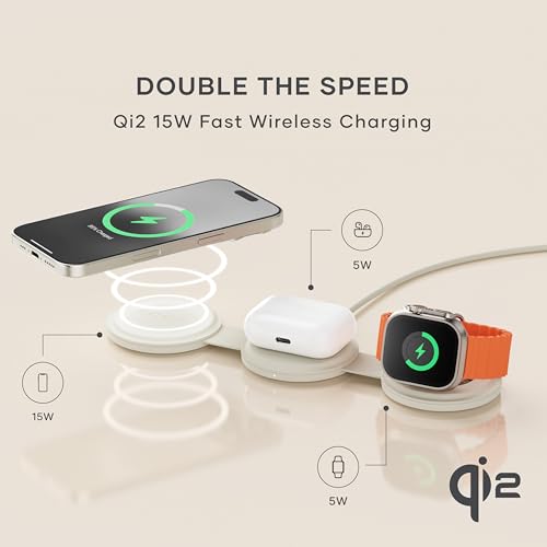 Image of Satechi OntheGo 3 in 1 Wireless Charger, Qi2 Portable Charger with 15W Fast Charging for iPhone 17 to 12 Series, 5W for Apple Watch, and 5W for AirPods, Magnetic Travel Charging Station - Sand