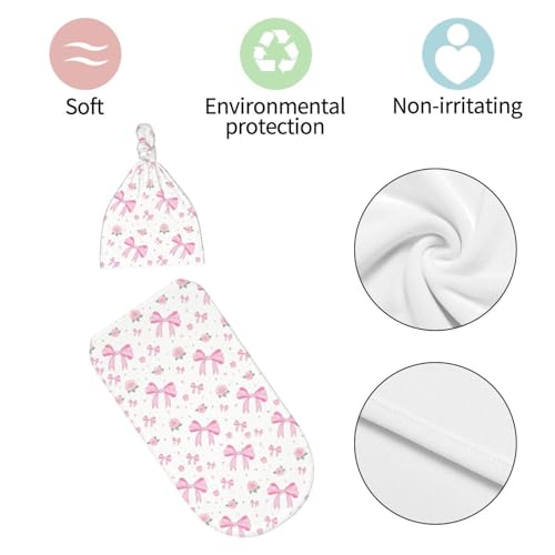 Image of Pink Bow Floral Newborn Baby Swaddle Blanket Baby Stuff,with Beanie hat Sets, Soft Gifts for Unisex Boys Girls Shower Infant