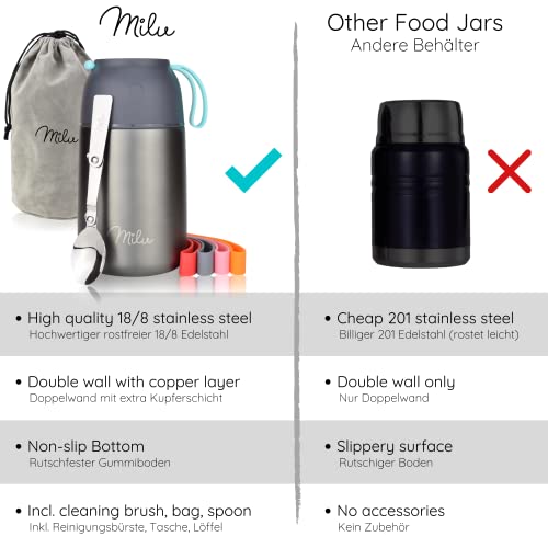 Image of Milu Thermal Container 450, 650 ml, 800 ml, Stainless Steel Warming Container, Food Container, Baby Food, Keep Food Warm Container, Thermal Lunch Box, Cereal to Go, Grey, 650 ml