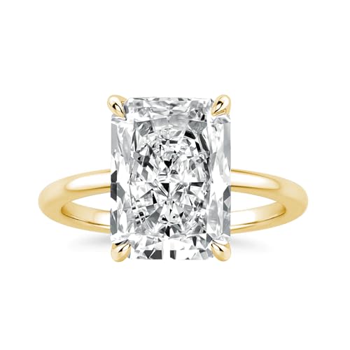 4.5CT Elongated Radiant Cut Solitaire Engagement Ring for Women, 925 Sterling Silver Simulated Diamond Promise Ring with 14K Yellow Gold Plated