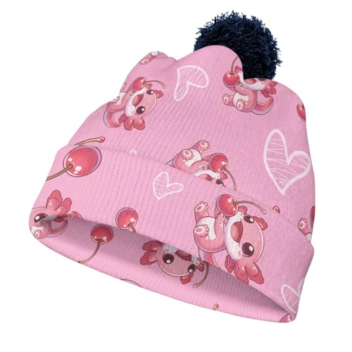 ORGYPET Cherry Axolotl Children's Woolen Hat with Blue Ball Beanies for Boys Colorful Vibrant Toddler Beanie Winter Hats for Kids Children's Woolen Hat with Ball for Everyday Wear