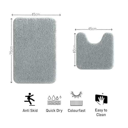 Image of LUXE HOME INTERNATIONAL Polyester Contour Bath Mat - Washable, Anti Skid, Water Absorbent Contour Mats for Bathroom, Toilet, Wash Basin & Bathroom Contour Mat Set (Silver, 45x 75 cm & 40x45)