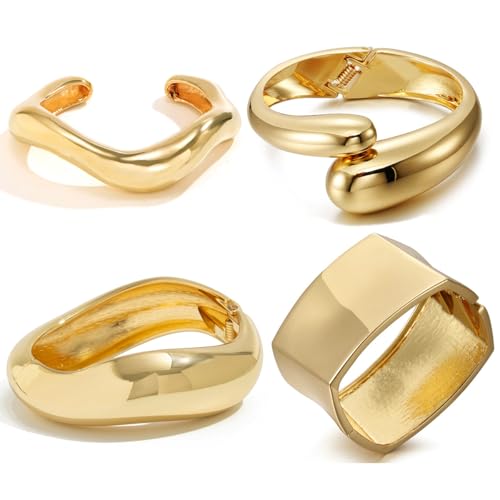 4PCS Chunky Gold Bangles Cuff Bracelet Stack Jewelry Set for Women - Open