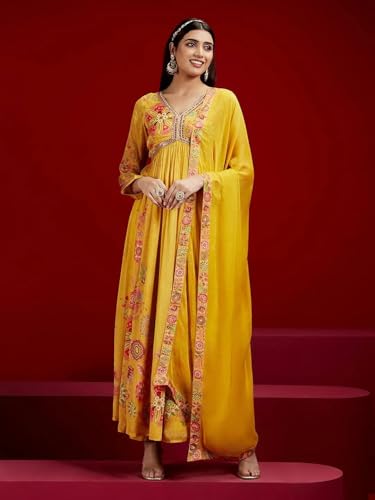 Image of KD Georgette Women's Anarkali Floral Printed Kurta Pant Set with Dupatta Kurta Kurti for Women