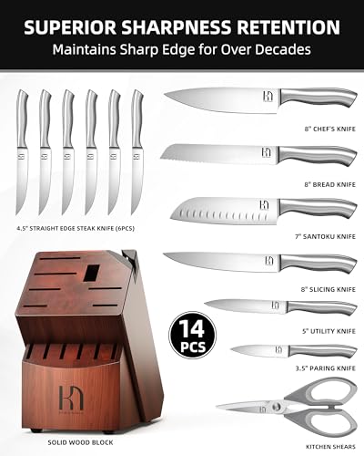 Image of KnifeSaga 14 Pcs Kitchen Knife Set with Block and Sharpener, Professional