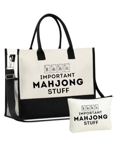 Image of InnoBeta Mahjong Gifts for Women, Mahjong Canvas Tote Bag with Zipper Closure & Shoulder Strap, Mahjongg Gifts for Birthday