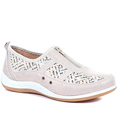 Pavers Womens Leather Trainers in Stone - Wide Fit Shoes Decorated with Shimmering Flashes - Ladies Stylish Casual Footwear - Size UK 6 / EU 39