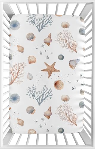 Sweet Jojo Designs Baby Fitted Mini Crib Sheet (Ocean Seashells) for Girls or Boys, Newborn/Infant Nursery, Play Yards, Portable Cribs (Gender...