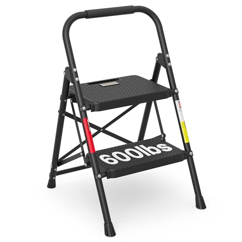 BONTEC 2-Step Ladder, Folding Step Stool, 600lbs Max Load Capacity, Sturdy Steel, Non-Slip Pedals, Lightweight, Portable Steel Ladder with Convenient Handrail, Safety Design for Home & Work,
