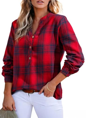 GRMLRPT Chemisier à Carreaux pour Femme à Boutons Blouse Femmes Manche Longue Chemise Col en V Décontracté Pulls Automne Printemps(Rouge,M)