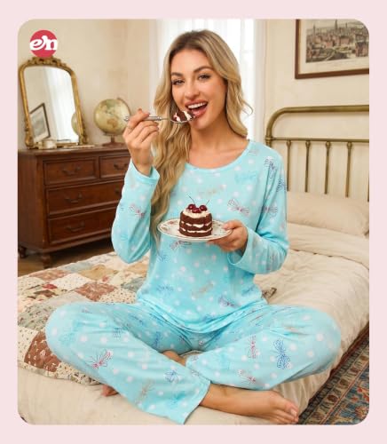 Image of ENJOYNIGHT Womens Pajama Set Cotton Pjs Long Sleeve Sleepwear with Pockets | Two Piece Crew Neck Sleep Set, Elastic Waist Long Pant, Lightweight Loungewear