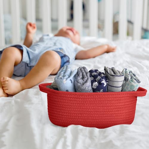 Image of Small Woven Gift Basket, Baskets for Gifts Empty, Cotton Rope Cat Dog Toy Box, Nursery Baby Bin, Wicker Basket with Handles, Shelf Storage and Home Decor, Red, 12 inchx 8 inchx 5 inch