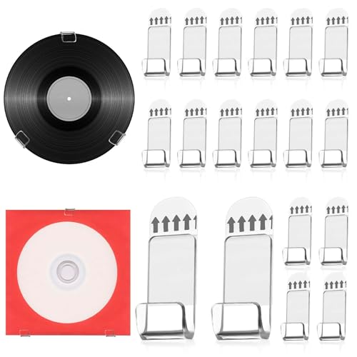 18pcs Vinyl Record Wall Mount Display Holder, Self-Adhesive Clear Vinyl Record Hanger NO Drill Acrylic Album Storage Shelf with Tape for CD Card Collection Magazine Home Office Decoration