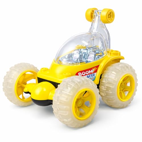 Image of Stunt Car Toy for Kids with 360 Rotation & Flashing Lights | Off-Road Spinning Racing Vehicle with Big Rugged Wheels | Battery Operated Action Car Toy for Boys & Girls (Boom Racer Yellow)