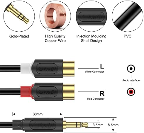 J&D 3.5 mm to 2 RCA Cable, Gold Plated Audiowave Series 3.5mm Male to 2RCA Female Stereo Audio Adapter Y Splitter RCA Cable, 6 Feet