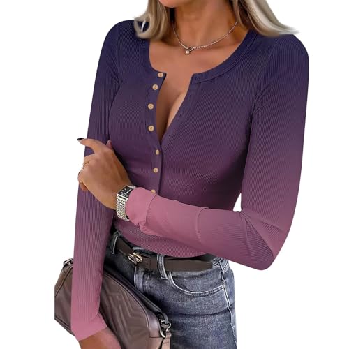 Long Sleeve Shirts for Women Henley Button Up Tops Ribbed Knit Slim Fit Fall Basic Tee 2025 Casual Trendy Clothes