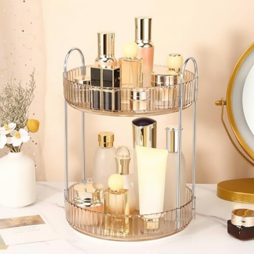 Image of JD FRESH 360 Degree Rotating Makeup Organizer 2 Layer Cosmetic Storage Box Vanity Stand with Drawers for Lipsticks Skincare Perfume Bathroom Countertop Dressing Table Organizer (Light Gold)