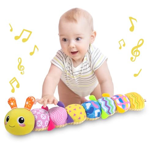 Image of KMUYSL Baby Toys 0-12 Months, Musical Animal Stuffed Toy with Crinkle, Rattles & Lullaby, Plush Toy for Infant Newborn, Yellow Fabric Cotton