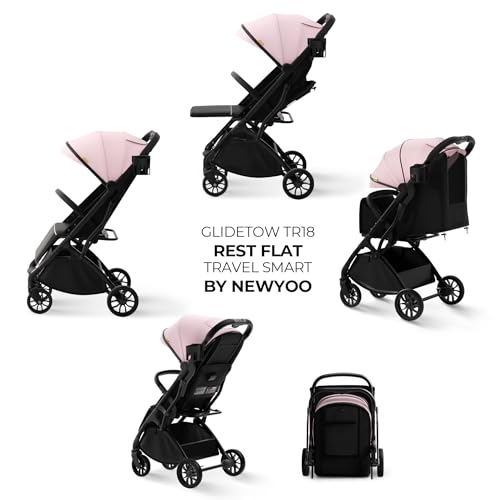 Image of newyoo GlideTow TR18M Travel Stroller, Compact Infant Toddler Stroller with Cup Holder, One-Hand Fold, Near Flat Recline Seat, Pink