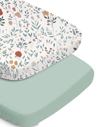 TotChill Bassinet Fitted Sheet Set - Soft Green Leaf+Flower, Universal Fit for Baby Boys and Girls, Compatible with Halo, Mika Micky, Baby Delight, and More