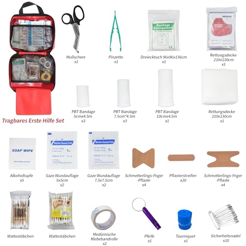 ePicsoa Erste Hilfe Set, 170-teiliger Erste Hilfe Kasten, First Aid Kit, Notfall Ausrüstung inkl. Bandagen, Rettungsdecke, Pfeifen, Pflaster, Gauze für Reise, Outdoor, Camping, Fahrrad, Reiseapotheke – Bild 4