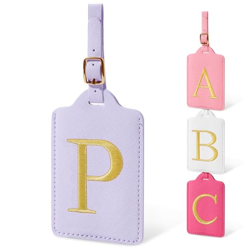 Image of Initial Letter Luggage Tags for Suitcases, Personalized Embroidered Letter Luggage Bag Suitcase Identifier Name Tag, Cute PU Leather Travel Luggage Tags, Bag Tags for Luggage Handbags(Purple P)