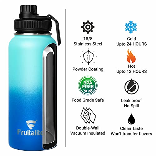 Image of Fruitalite Thermosteel Fruit Infuser Water Bottle- 1000ml with Screw /Spout Lid, Steel Infusion Rod, Infused Detox Recipe eBook, Double-Wall Vacuum Insulated Stainless Steel Bottle- Blue Waves