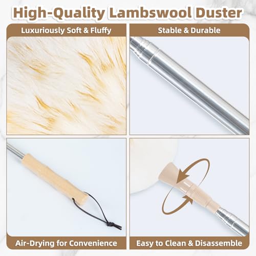 Image of LOVECO Lambs Wool Dusters for Scratch-Free Cleaning Extendable 29-49 Inch | Includes: Sticky Hooksx2, Small Dusterx1, Electrostatic Dusters Suitable for Office, Home, Car