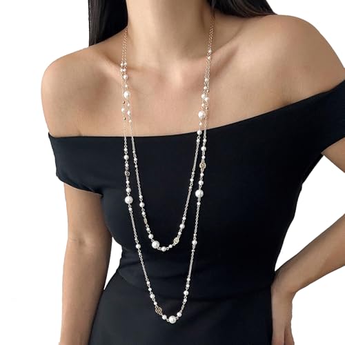2Pcs Pearl Long Chain Necklace,Multi-layered Bead Clavicle Necklace,Bridal Wedding Pearl Chest Body Chain,Sexy Metal Flower Neck Chain Jewelry for Women2