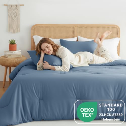Image of HIMEET Full Size Comforter Sets, 3 Pieces with 2 Pillowcases, Grayish Blue | 270GSM Down Alternative Fill, Oeko-TEX Certified, 8 Corner Ties Quilted, All Season, Fluffy Bed Set, Bedroom Decor Bedding