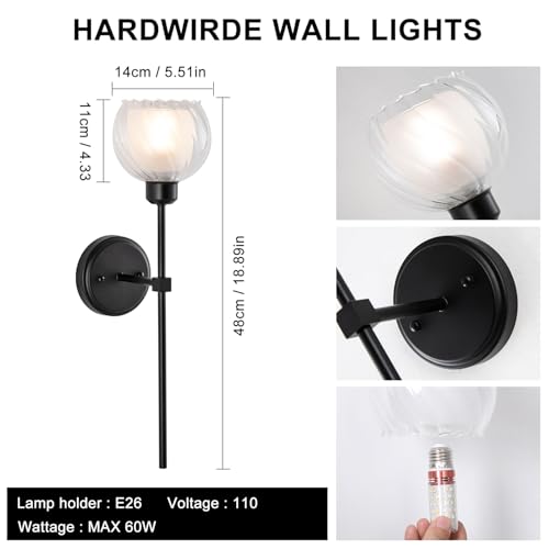 Image of Black double-layer glass wall light, hard wired variable light 3500K-6000K, E26 /E27 bulb, suitable for hallway, living room, bedroom, bathroom, and farmhouse wall-sconces, with bulbs (2 packs)