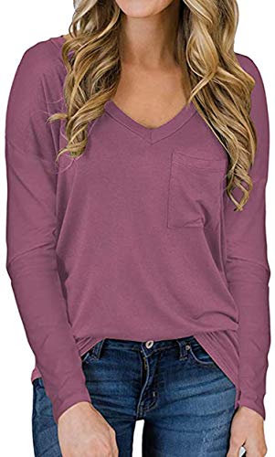 ECOWISH Women's Casual Tops V-Neck Shirts Loose Blouse Casual Basic Tee T-Shirt with Pocket Wine Red X-Large