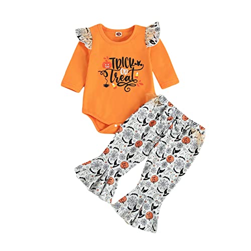 Owegvia Grenouillère à manches longues et volants pour bébé fille - Imprimé citrouille et tête de mort - Pantalon évasé pour nouveau-né, Orange, 18 mois Cover