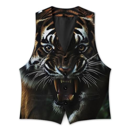 Close Up of Wild Tiger Men's Suit Vest Slim Fit V-Ncek Waistcoat Business Casual Vest3