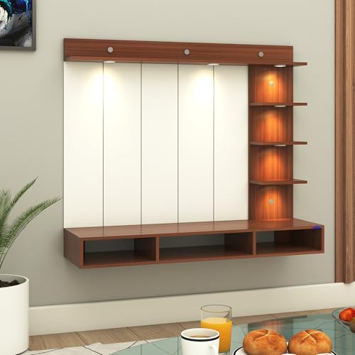 Image of Anikaa Tyron Engineered Wood Wall-Mount TV Unit with PVC Back Panel & LED Lights | TV Cabinet with Storage Box & Decorative Shelves (Walnut) | Ideal for TVs up to 43 Inch | DIY Installation