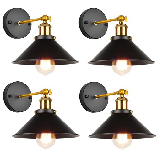 iDEGU 4 piezas Lámpara de Pared Industrial E27 Aplique de Pared de Estilo Edison de Metal con Rotación de 180° Lámpara de techo Vintage para Dormitorio Sala de Estar Cocina, 22cm (4x Negro)