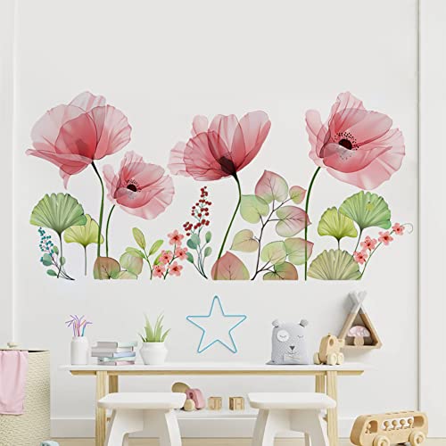 Runtoo Poppy Flowers Wall Stickers Floral Leaf Wall Art Decals Living Room Bedroom Nursery Wall Decor, Red Poppies - Image 2