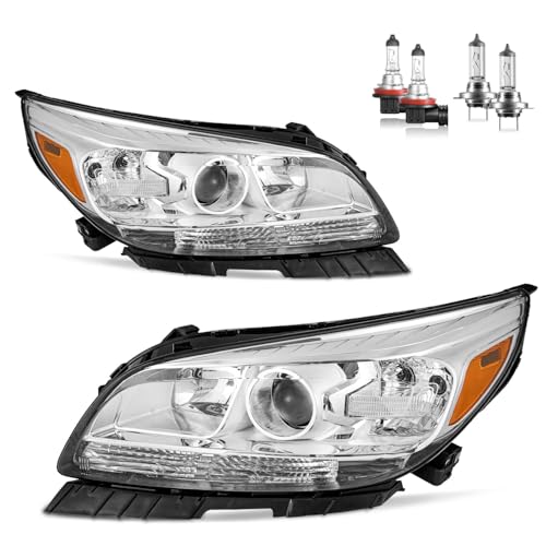 KarSpareHub Headlights Assembly W/Bulbs for 2013 2014 2015 Chevy Malibu Halogen Headlamp Replacement Driver & Passenger Side
