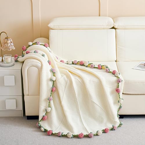 Manta Tejida a Mano con Bouquet de Flores de Crochet, Manta de Lazos con Rosas, Regalo Romántico para Mujer en Día de la Madre, San Valentín, Bodas, Aniversarios, Cumpleaños, Rosa y Blanco miniatura 3